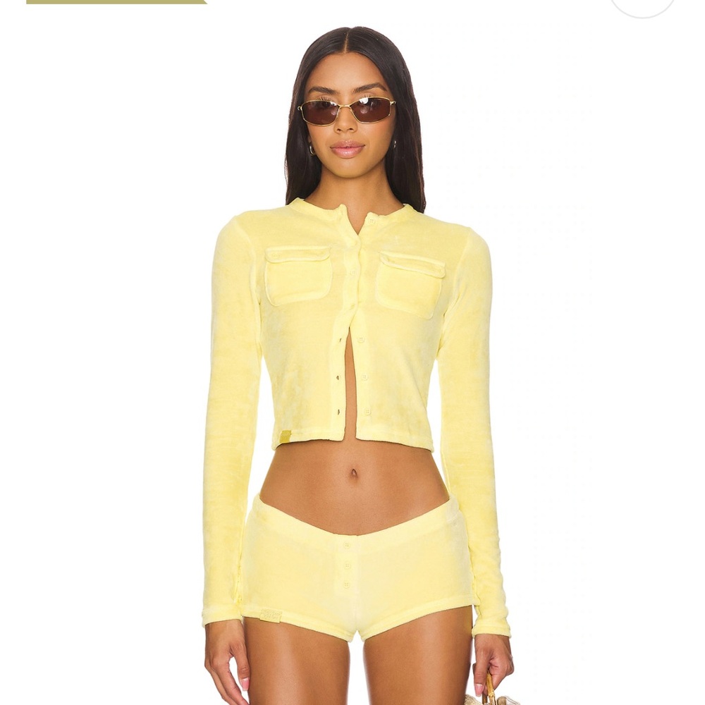 Jaded London Yellow Long Sleeve Crop Top and Shorts Set- Velour
